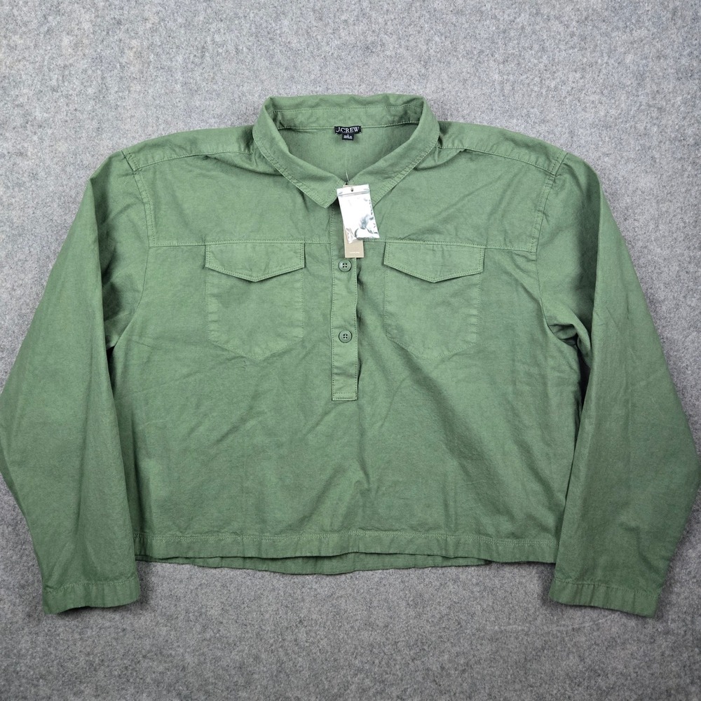 J.Crew Utility Shirt Womens Large Green Linen Blend Cropped Popover Military NEW